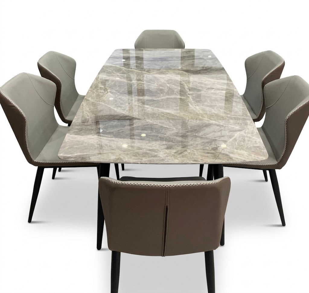 Modern Polished Faux Marble Dining Table with Contrast Stitched Chairs (6-Seater Set)