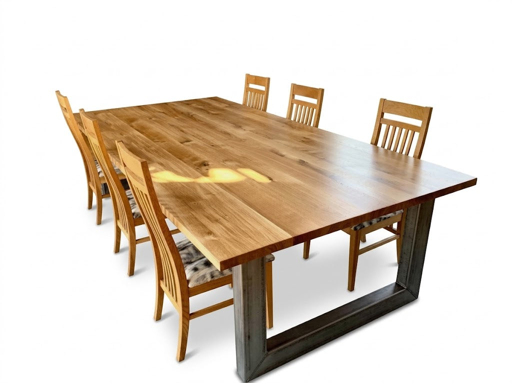 Solid Oak Industrial Dining Table & Wooden Spindle Chairs Set