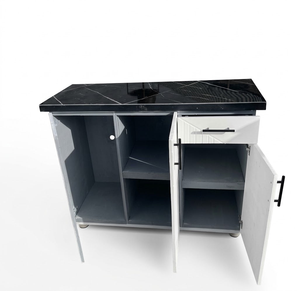 Fluted White Sideboard Cabinet with Black Marble Top