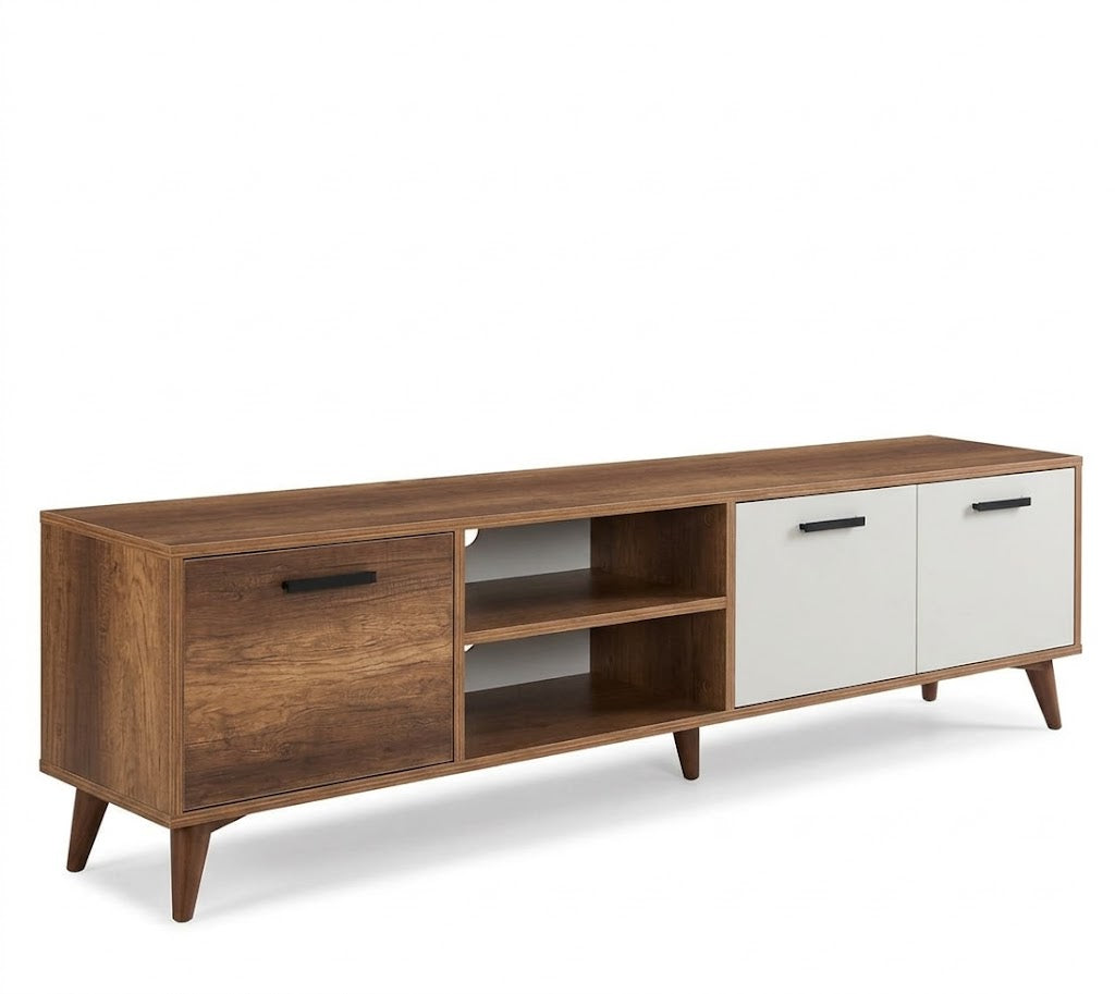 Mid-Century Modern Walnut & Off-White TV Stand Console