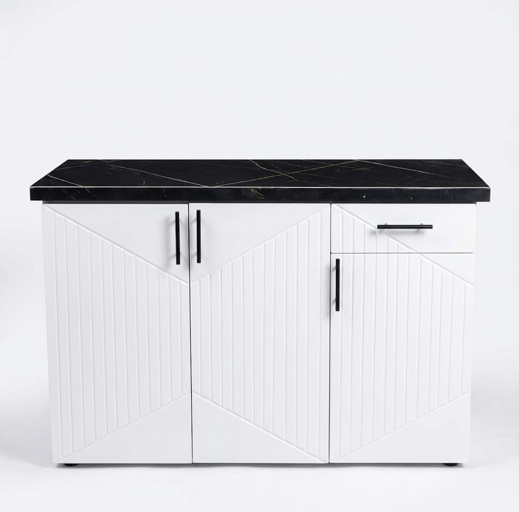 Fluted White Sideboard Cabinet with Black Marble Top