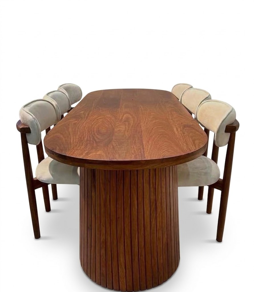 Mid-Century Oval Fluted Pedestal Solid Wood Dining Set with Upholstered Chairs
