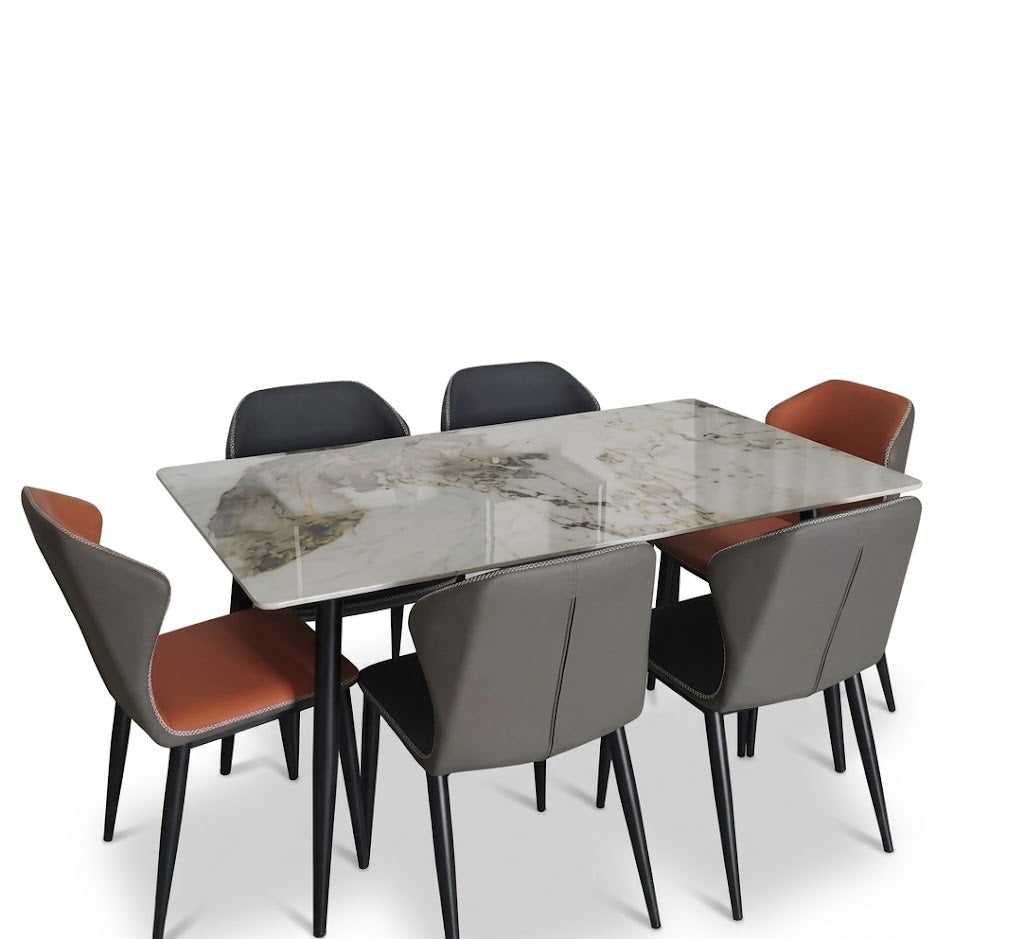 Modern Faux Marble Dining Table with Two-Tone Leatherette Chairs (6-Seater Set)
