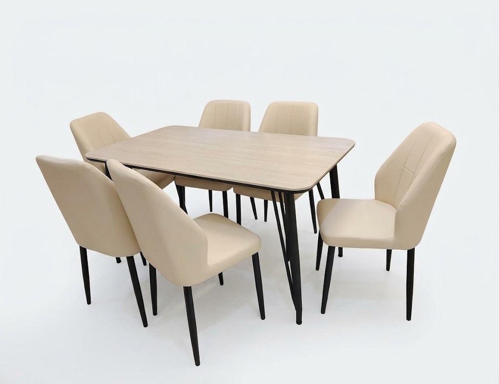 Scandinavian Modern Light Oak Dining Table with Cream Upholstered Chairs (6-Seater Set)