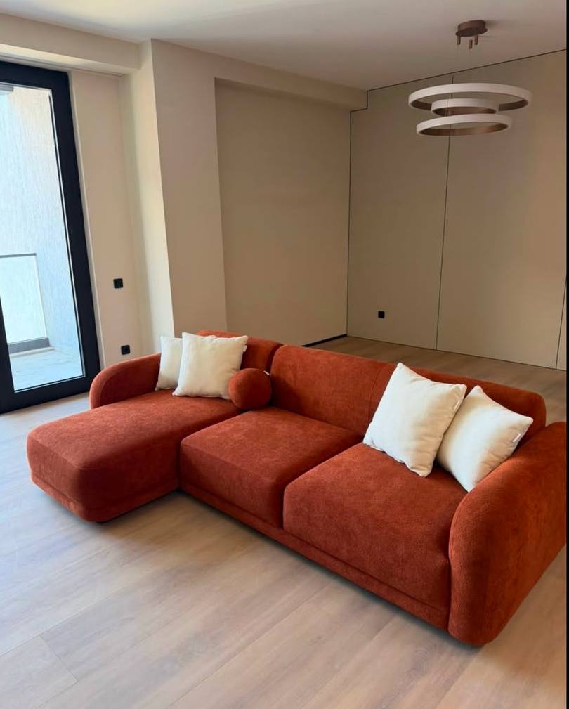 Modern Low-Profile Modular Sectional L-Shape Sofa in Terracotta / Rust