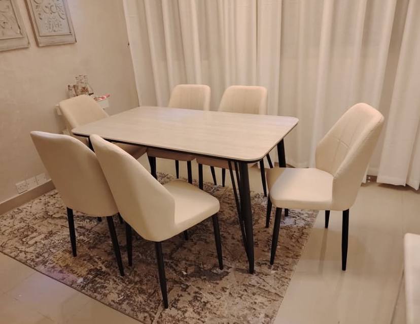 Scandinavian Modern Light Oak Dining Table with Cream Upholstered Chairs (6-Seater Set)