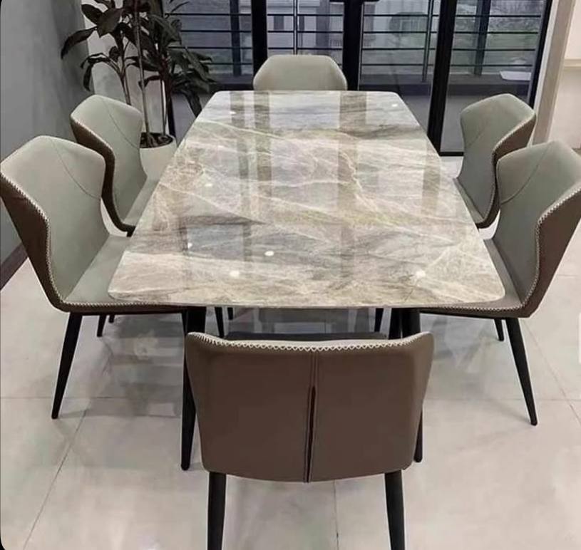 Modern Polished Faux Marble Dining Table with Contrast Stitched Chairs (6-Seater Set)