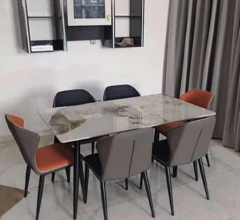 Modern Faux Marble Dining Table with Two-Tone Leatherette Chairs (6-Seater Set)