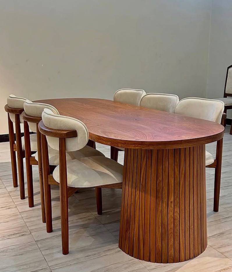 Mid-Century Oval Fluted Pedestal Solid Wood Dining Set with Upholstered Chairs