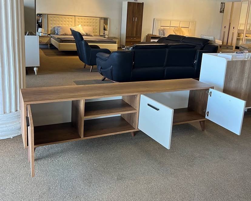 Mid-Century Modern Walnut & Off-White TV Stand Console